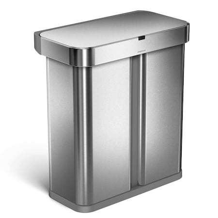 Simplehuman 58 Liter Dual Compartment Recycling Trash Can with Voice and Motion Sensor, Brushed Stainless Steel ST2036